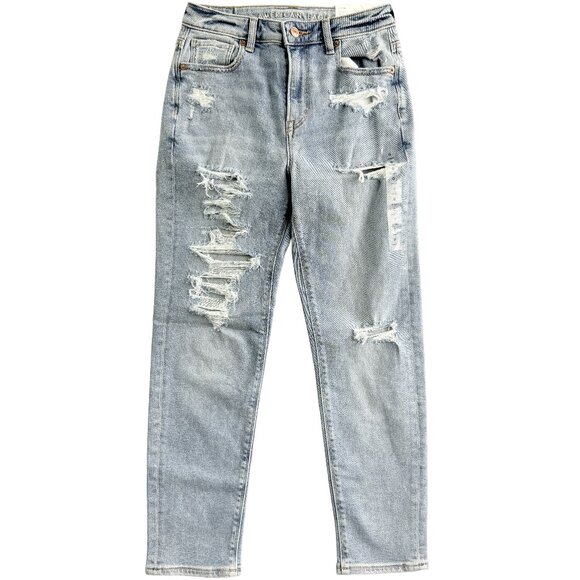 NWT American Eagle Y2K Thrashed Grunge Mom Jeans 0 Short Light Wash - Picture 1 of 16